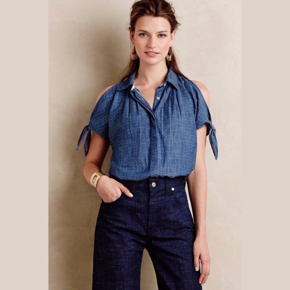 Anthropologie chambray cold shoulder top